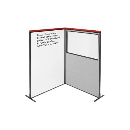 Global Equipment Interion    Deluxe Freestanding 2-Panel Corner w/Whiteboard   Partial Window 48-1/4Wx73-1/2H Gray 695182GY